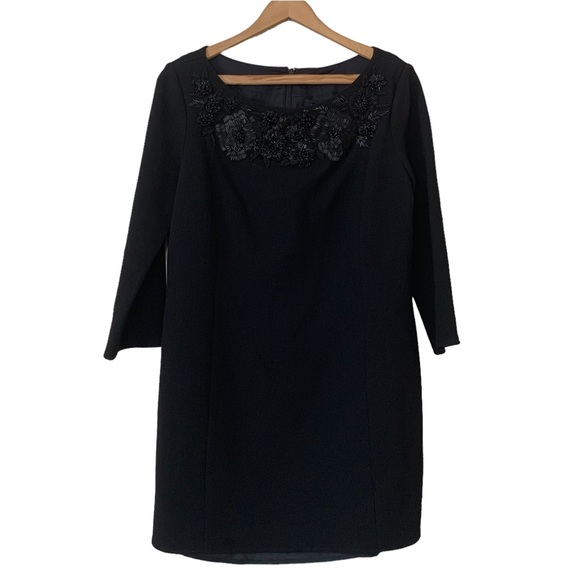 Carmen Marc Valvo Black Beaded 3/4 Sleeve Wool Cocktail Sheath Dress Size 10 - Picture 1 of 11